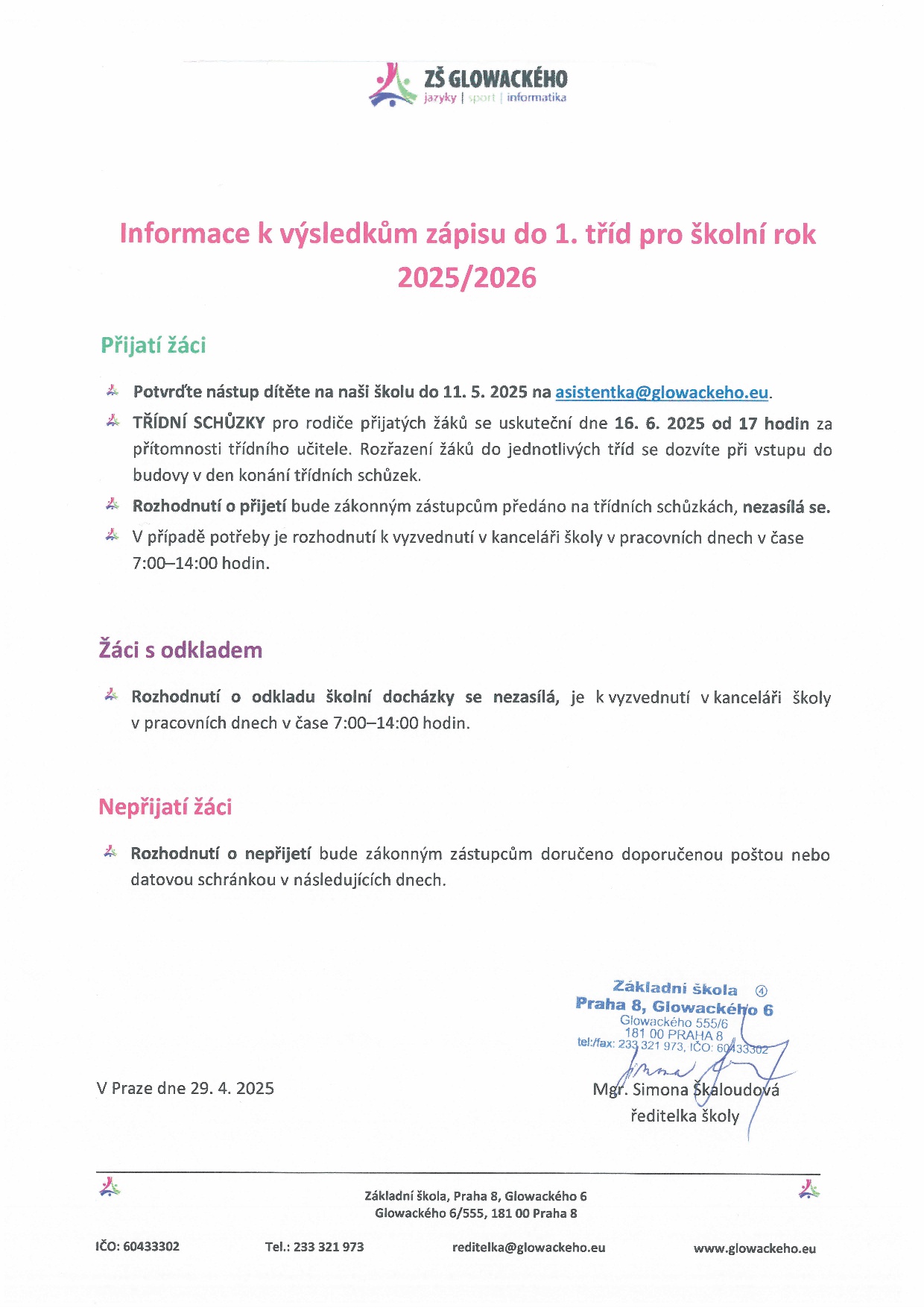 Informace k výsledkům zápisu 2025/2025