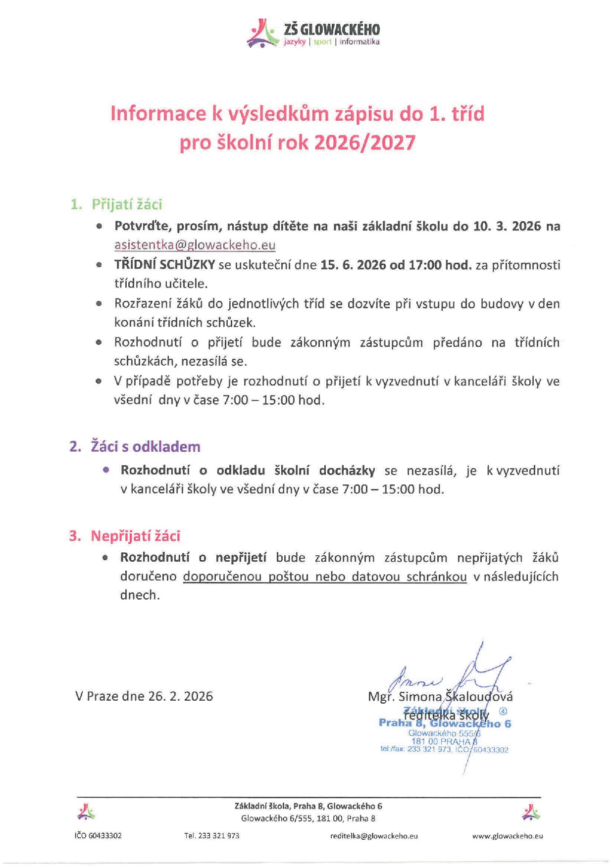 Informace k výsledkům zápisu 2026/2027